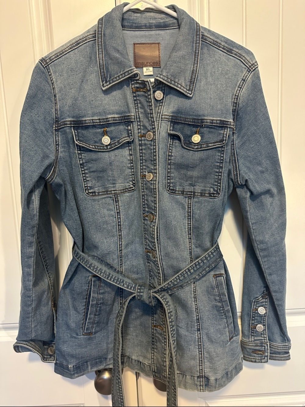 Maurices Light Wash Denim Jacket with Self-Tie Belt